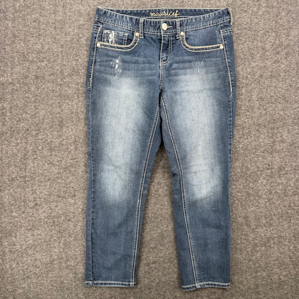 Maurices Womens 7/8 Medium Wash Straight Leg Embroidered Sequin Jeans Blue Crop